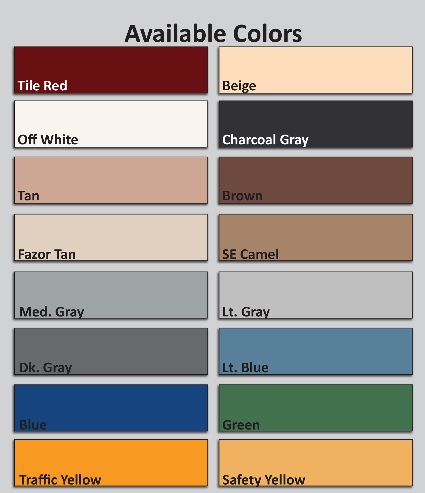 Available Colors Chart, Naples Epoxy Flooring