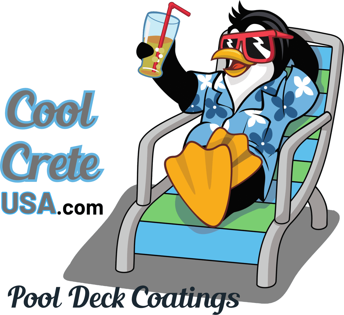 Cool Crete USA Pool Deck Coatings logo and penguin mascot.
